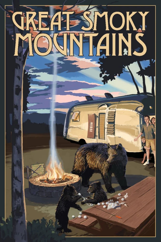 Retro Camper and Lake with Bear Family 24x36 Giclee Art Print Q8631