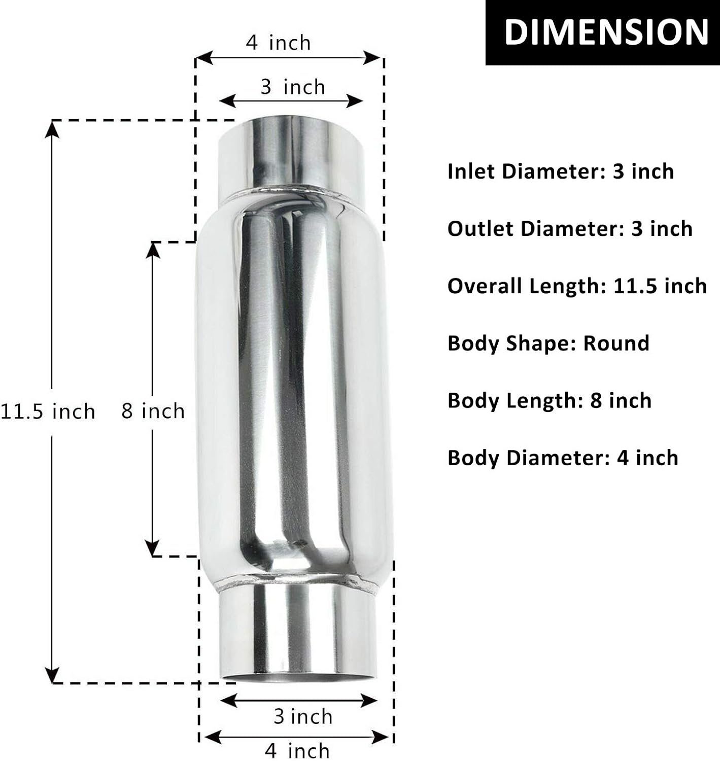 3" Inlet 3" Outlet Stainless Steel Exhaust Muffler Resonator, 12" Overall Length, Pack of 2 S607924