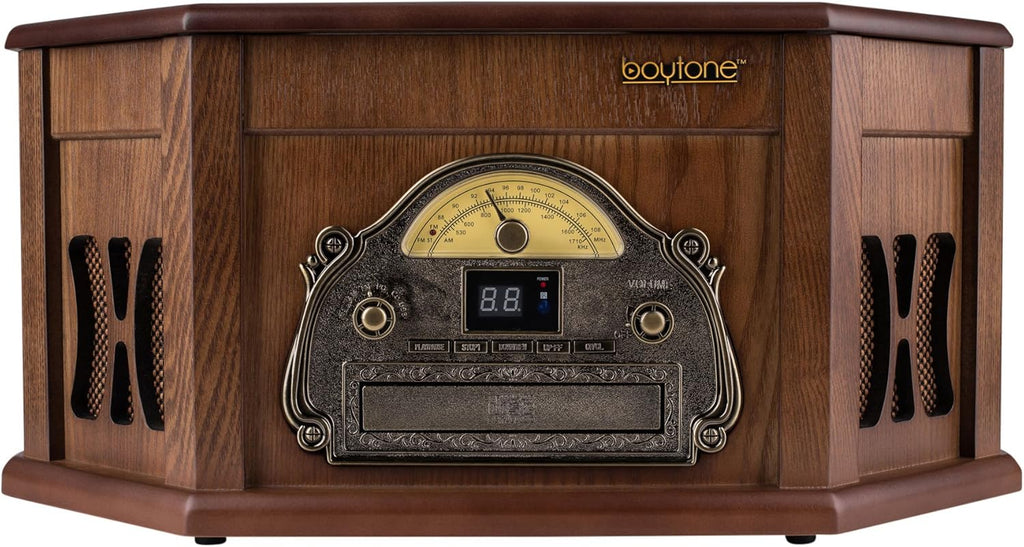 8-in-1 Natural Wood Turntable Stereo System with Bluetooth E374