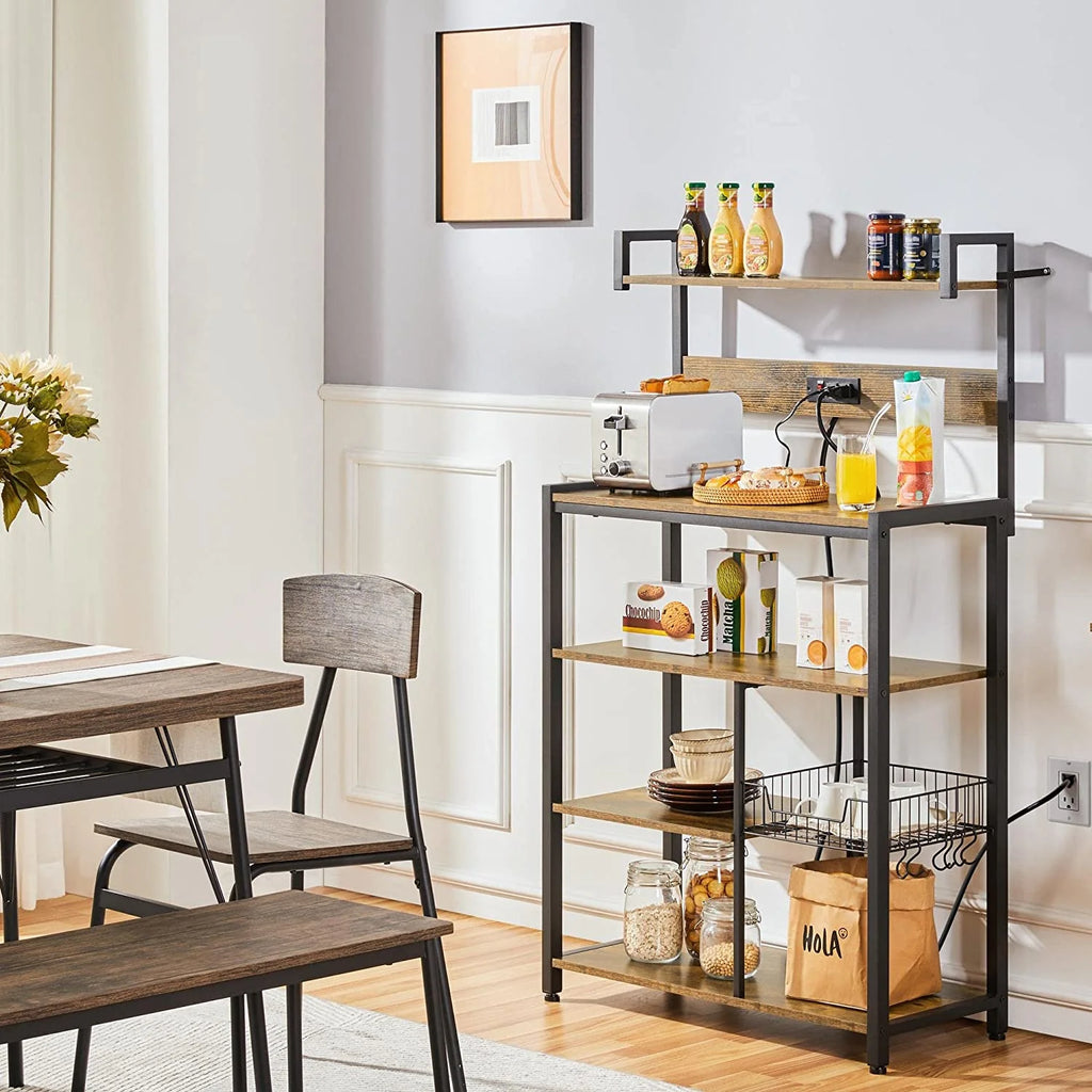 Rustic Brown 5-Tier Bakers Rack with Power Outlet N449