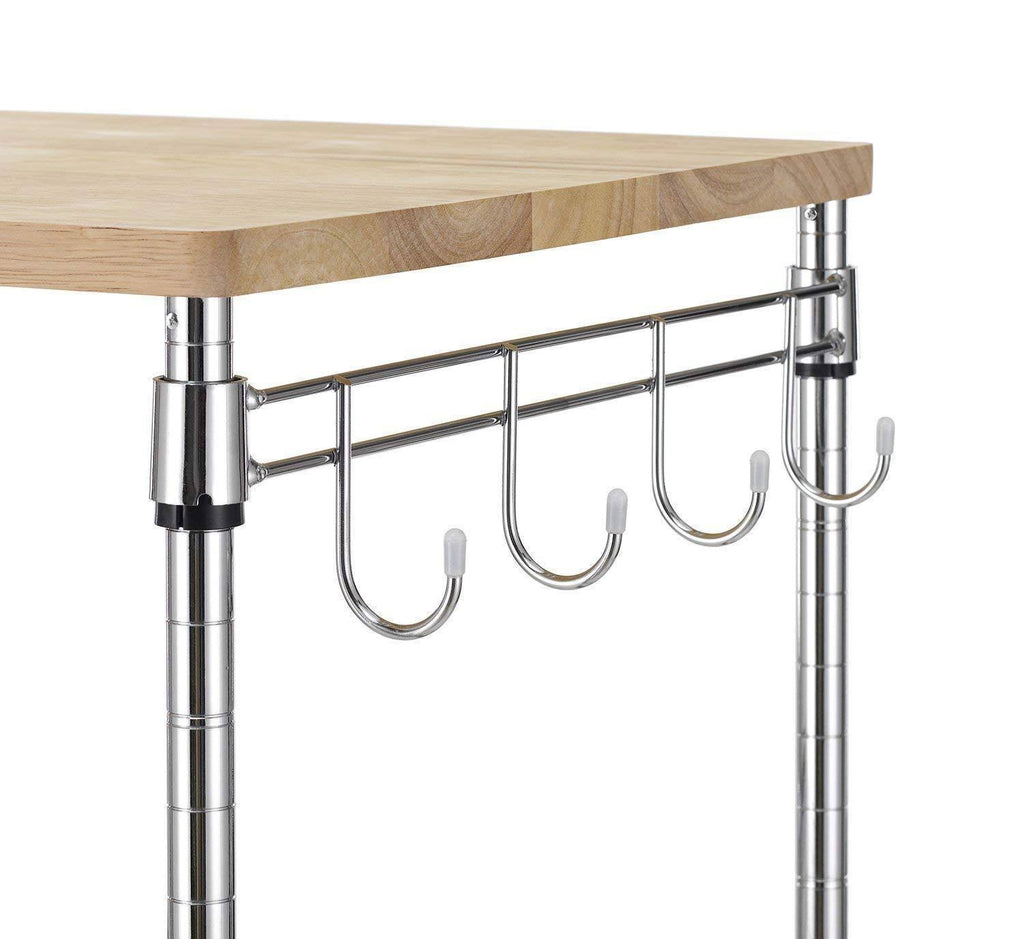 3-Tier Wire Rolling Kitchen Cart with Oak Cutting Board and Chrome C60512