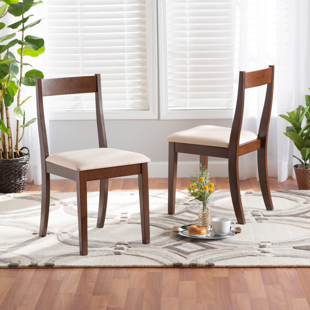 Cream Fabric and Dark Brown Finished Wood 2-Piece Dining Chair Set L4829