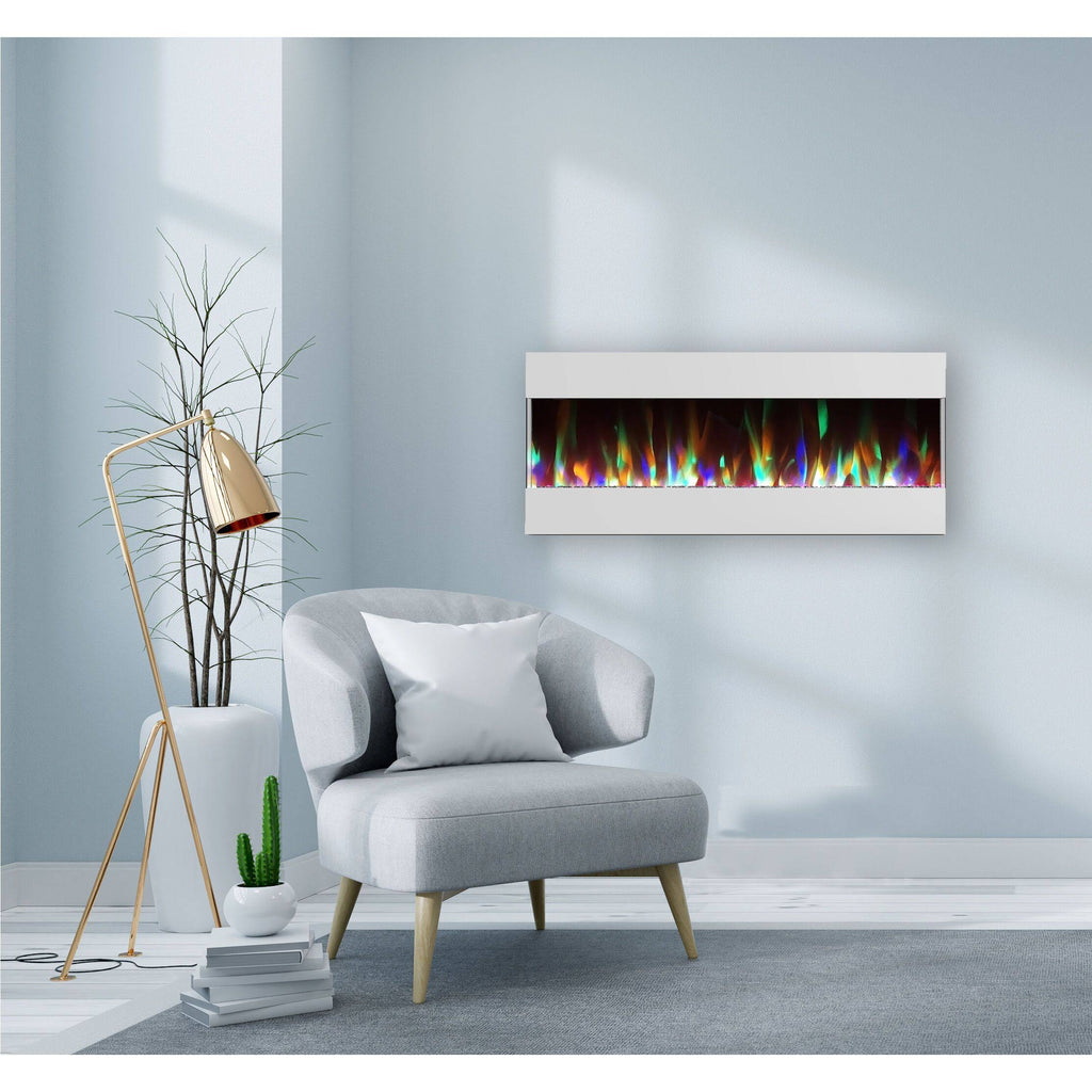 White Recessed Wall Mounted Electric Fireplace with Crystal and LED Display E30176