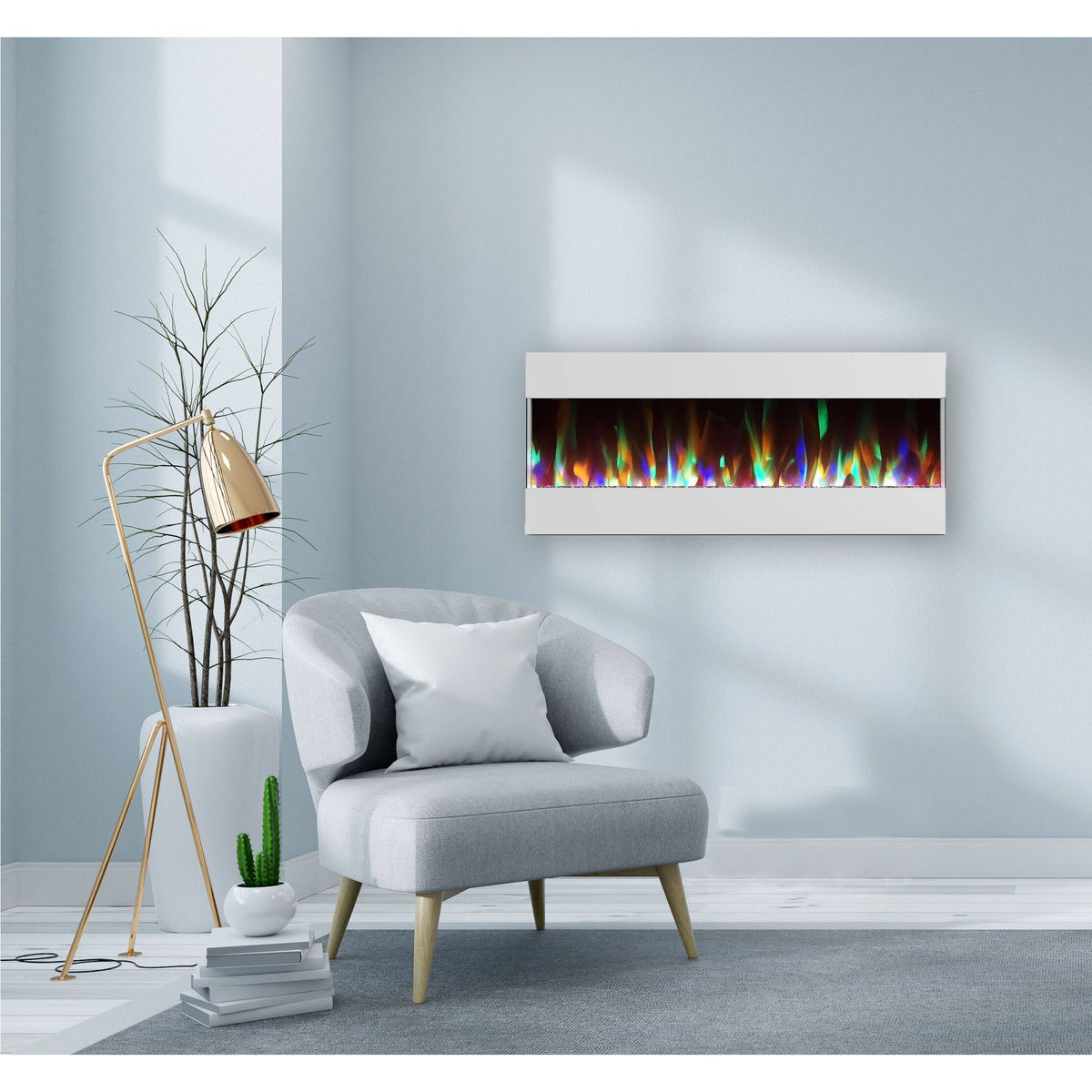 White Recessed Wall Mounted Electric Fireplace with Crystal and LED Display E30176