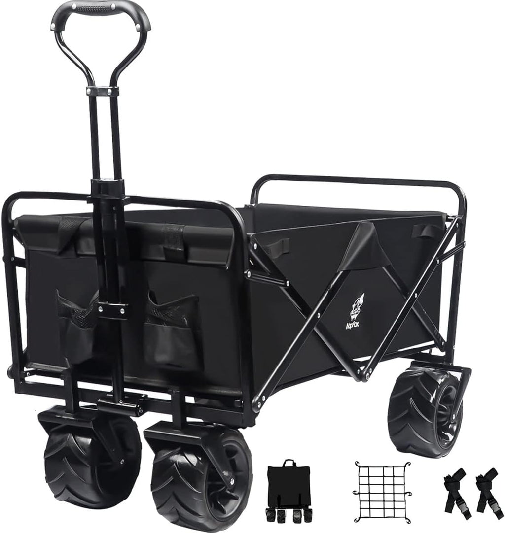 Red Heavy Duty Folding Beach Wagon Cart with Universal Wheels Adjustable Handle J451353