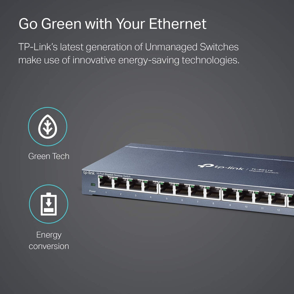 16 Port Gigabit Ethernet Network Switch, Fanless Metal, Pack of 2 A213963