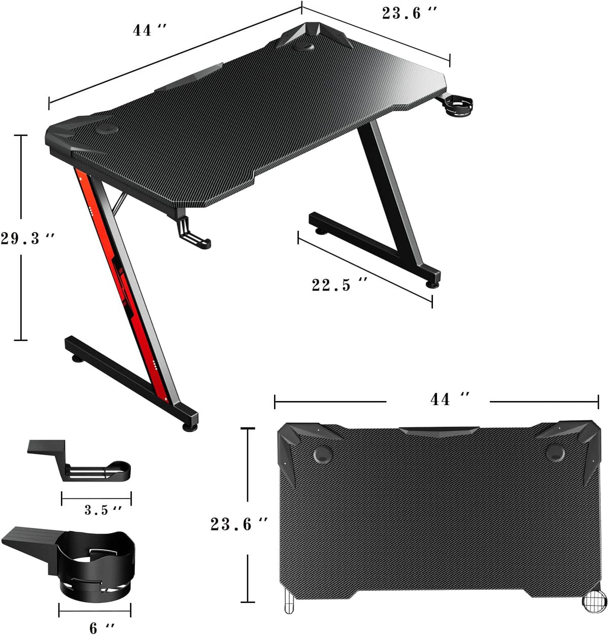 Black 44 Inch Gaming Desk with Cup Holder and Headphone Hook D328