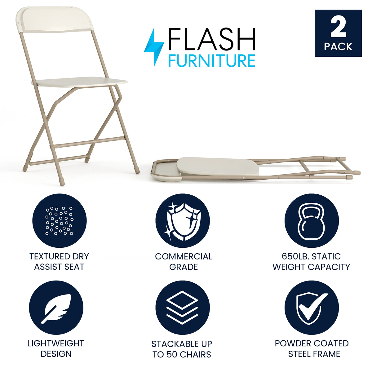 Beige Plastic Folding Chair 2 Pack 650LB Weight Capacity R37759