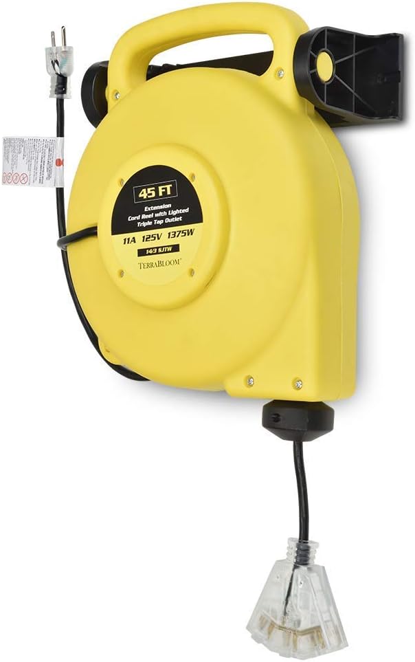 45 Ft Retractable Extension Cord Reel with 3 Electrical Outlets Heavy Duty Yellow Case Black Cable W974283