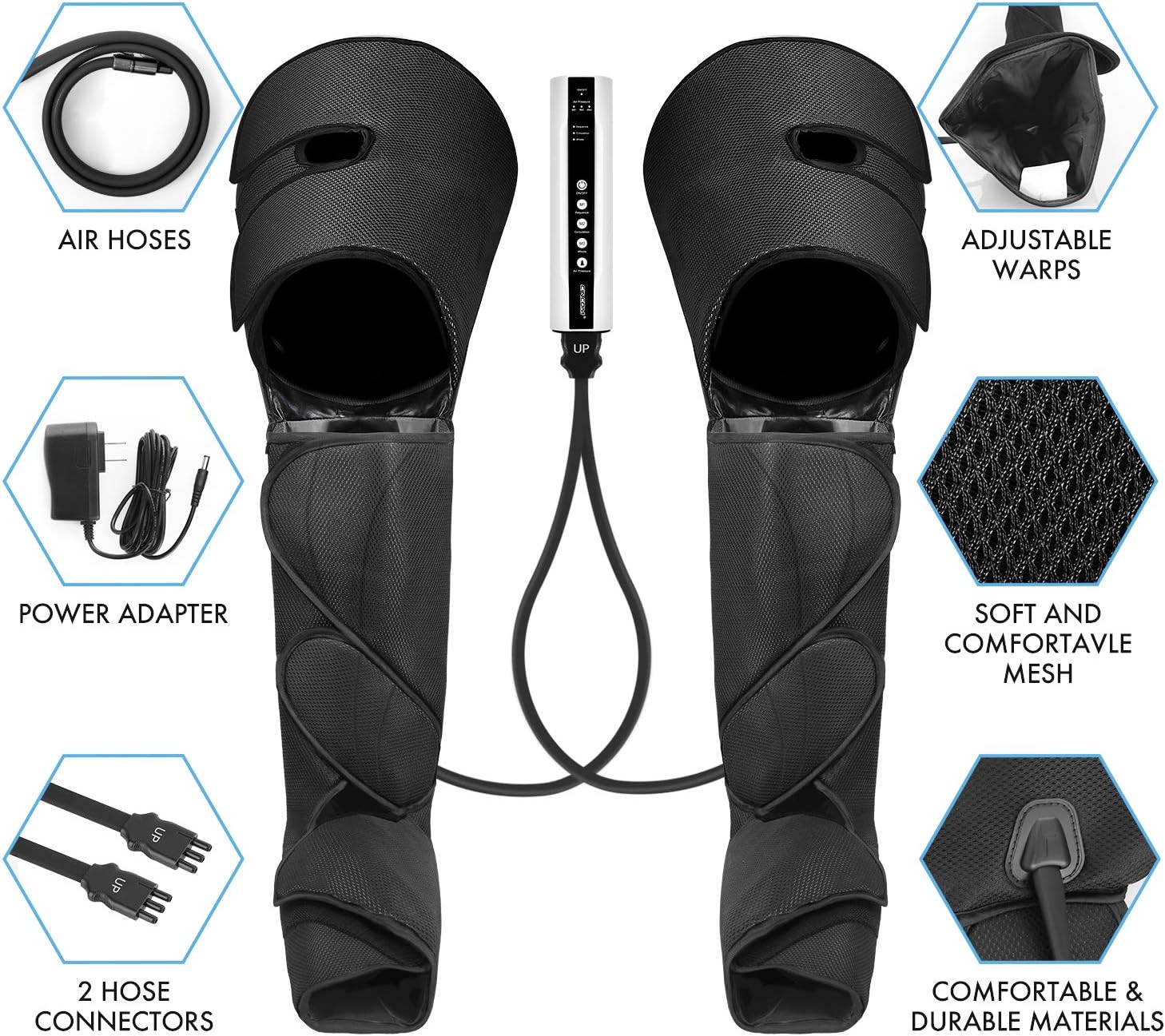 Leg Air Compression Massager with Portable Handheld Controller, 3 Modes & 3 Intensities (Black) P859