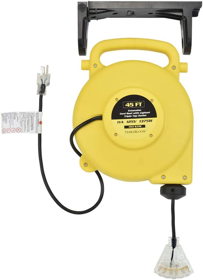 45 Ft Retractable Extension Cord Reel with 3 Electrical Outlets Heavy Duty Yellow Case Black Cable W974283