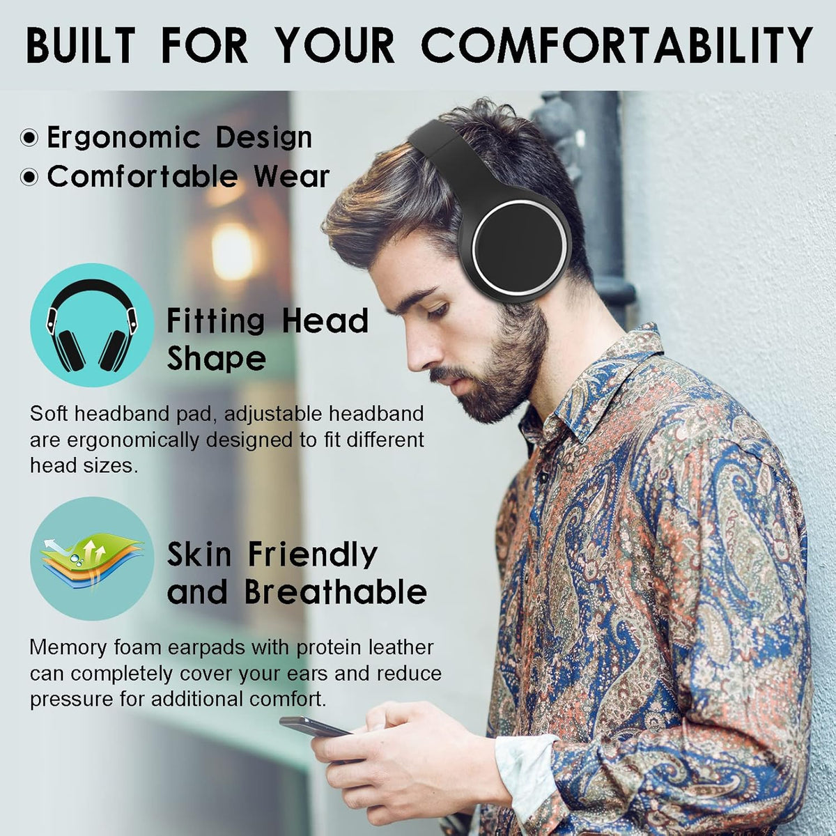 Black Bluetooth Over Ear Headphones with Mic T278