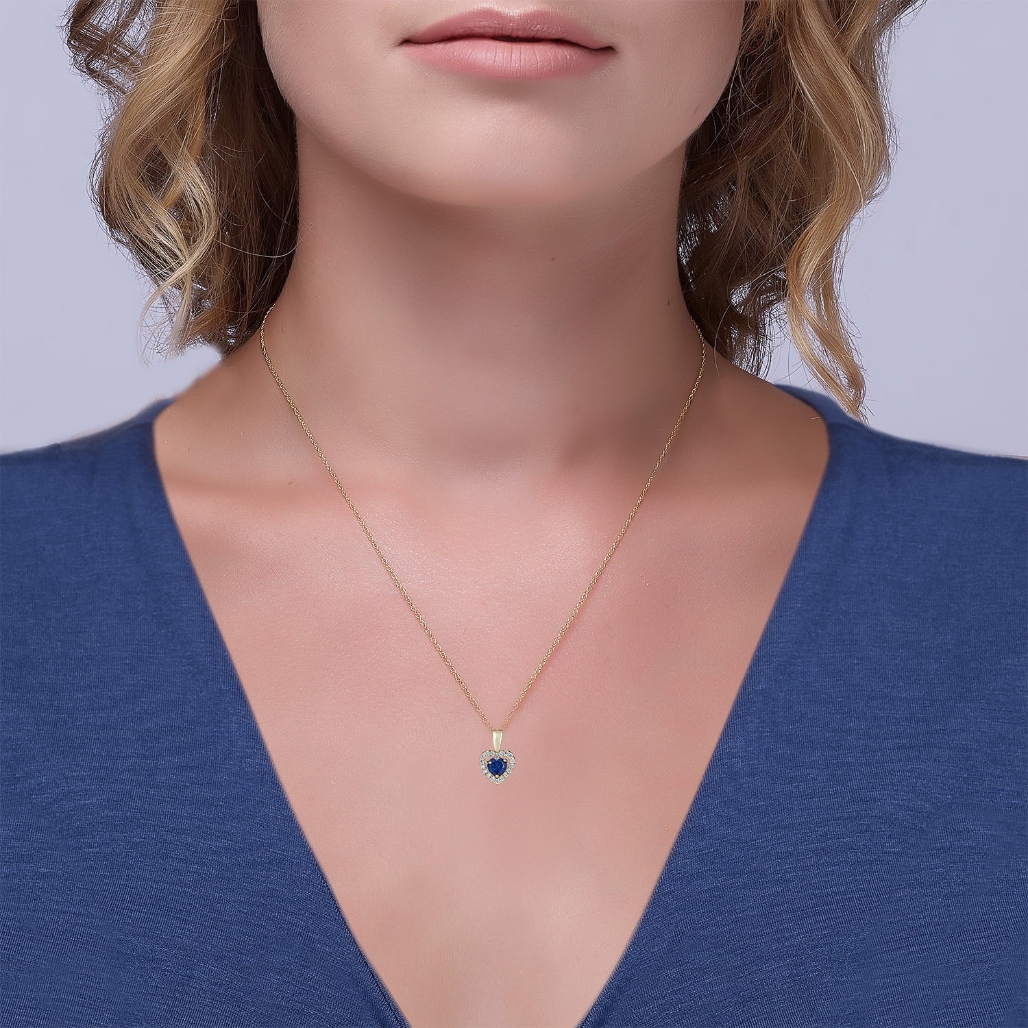 14K Yellow Gold Blue Sapphire CZ Heart Halo Pendant Necklace with 18" Chain Q280468