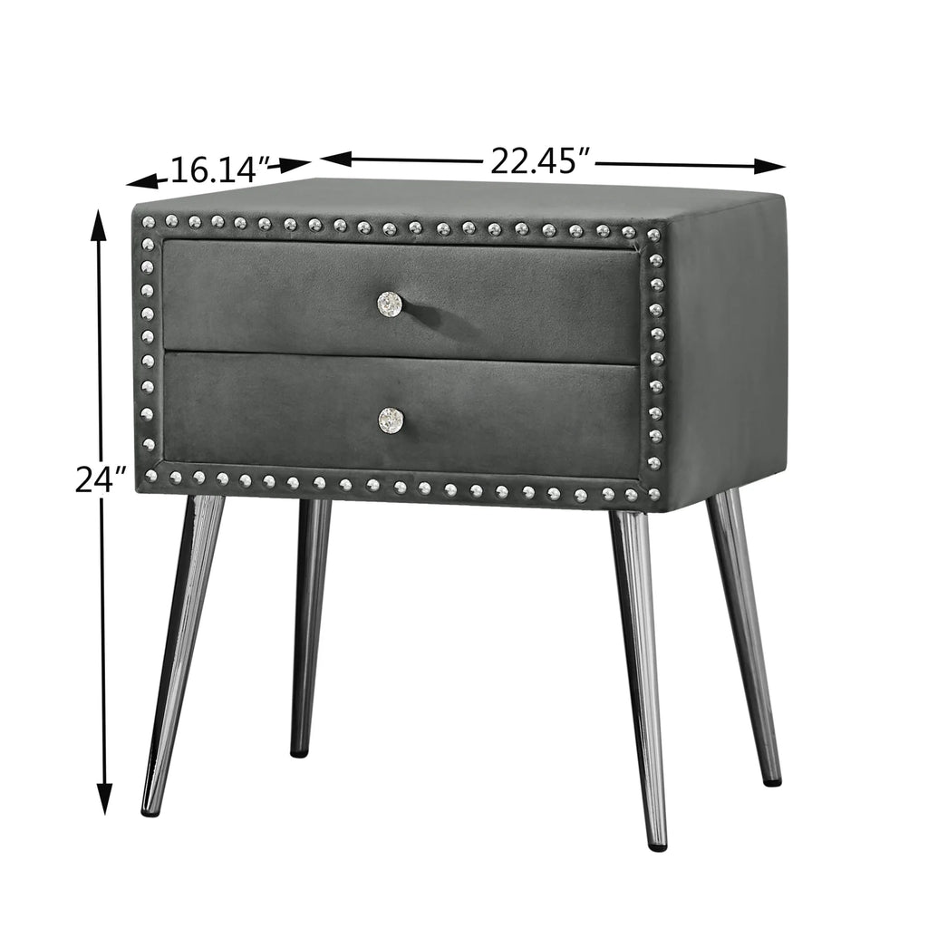 Gray Velvet Nightstand with 2 Drawers and Metal Legs V55780
