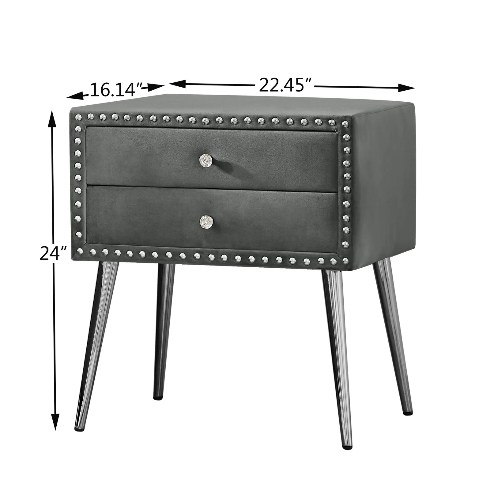 Gray Velvet Nightstand with 2 Drawers and Metal Legs V55780
