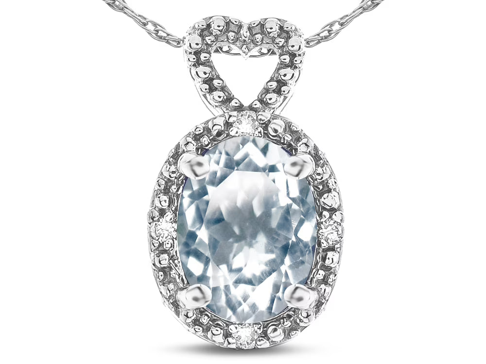 Oval 8x6mm Genuine Aquamarine Heart Pendant Necklace Z4585
