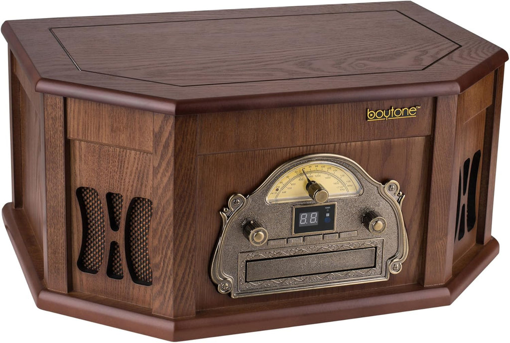 8-in-1 Natural Wood Turntable Stereo System with Bluetooth E374