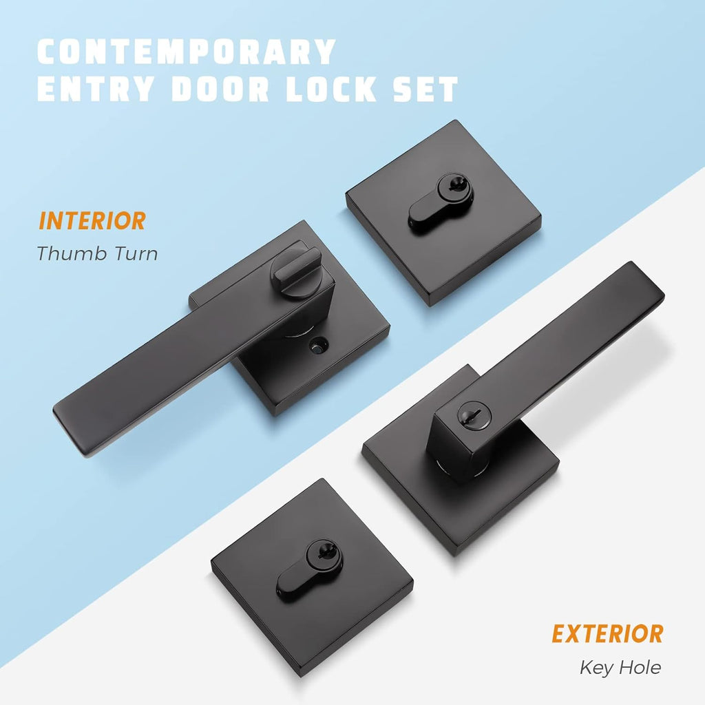 Matte Black Solid Steel Entry Door Handle Set with Deadbolt and Lever, Pack of 2 N3091