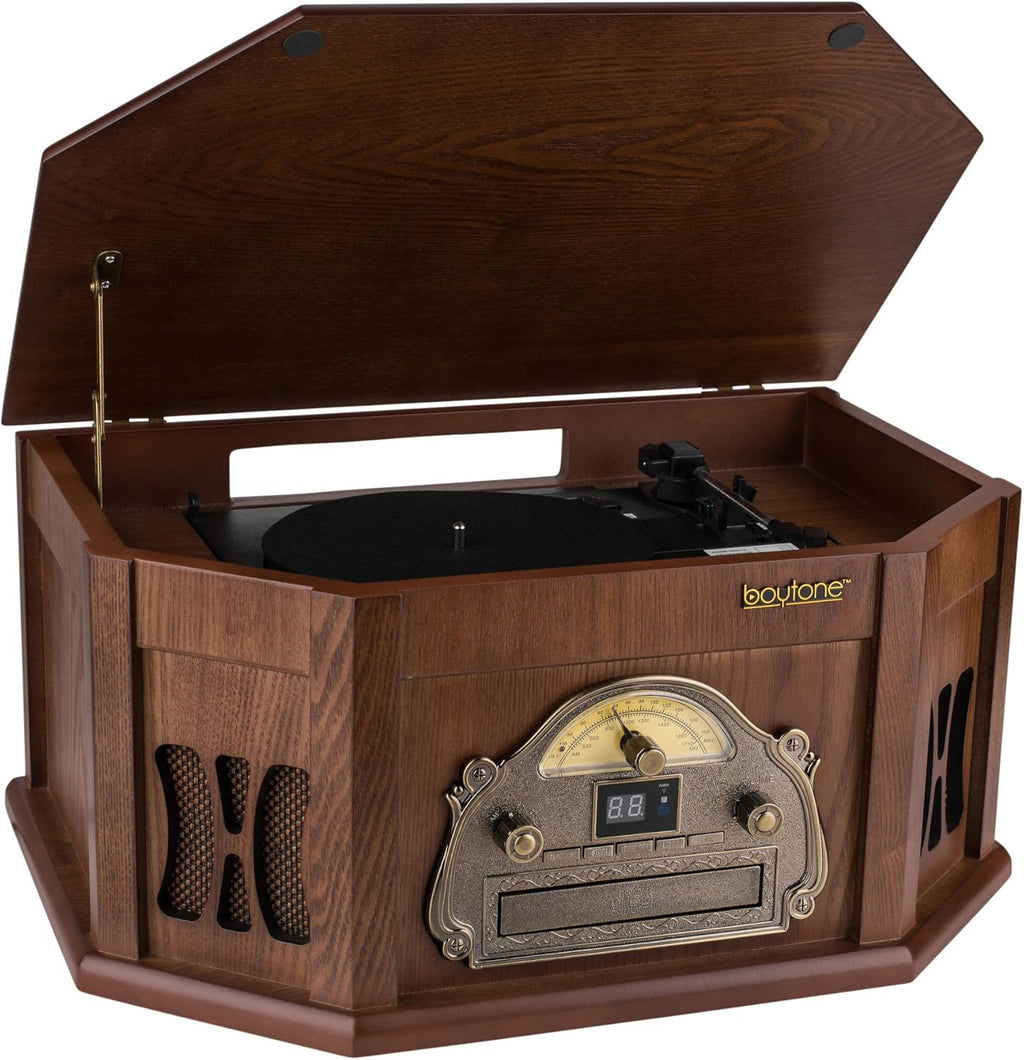 8-in-1 Natural Wood Turntable Stereo System with Bluetooth E374
