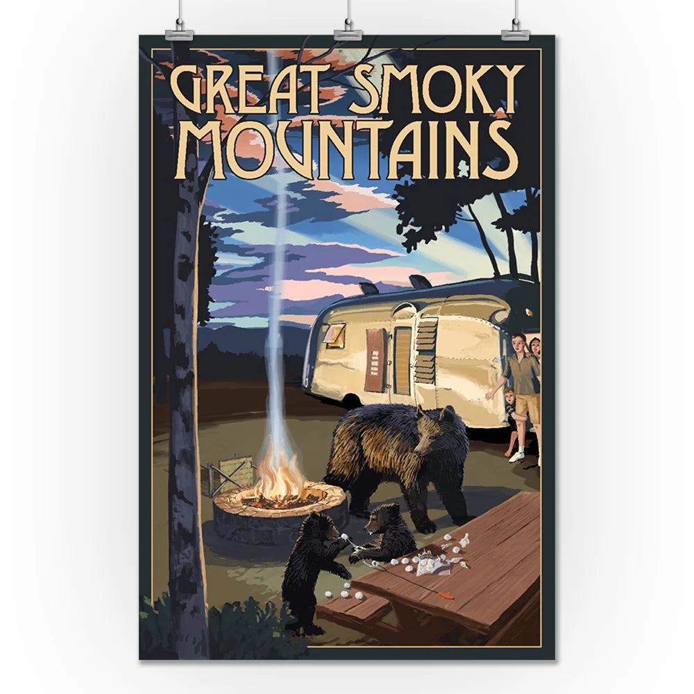 Retro Camper and Lake with Bear Family 24x36 Giclee Art Print Q8631