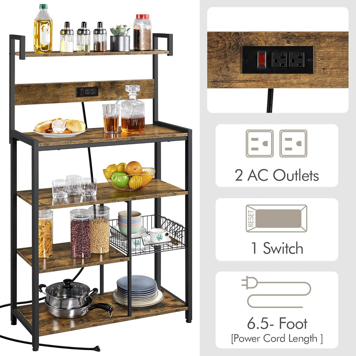 Rustic Brown 5-Tier Bakers Rack with Power Outlet N449