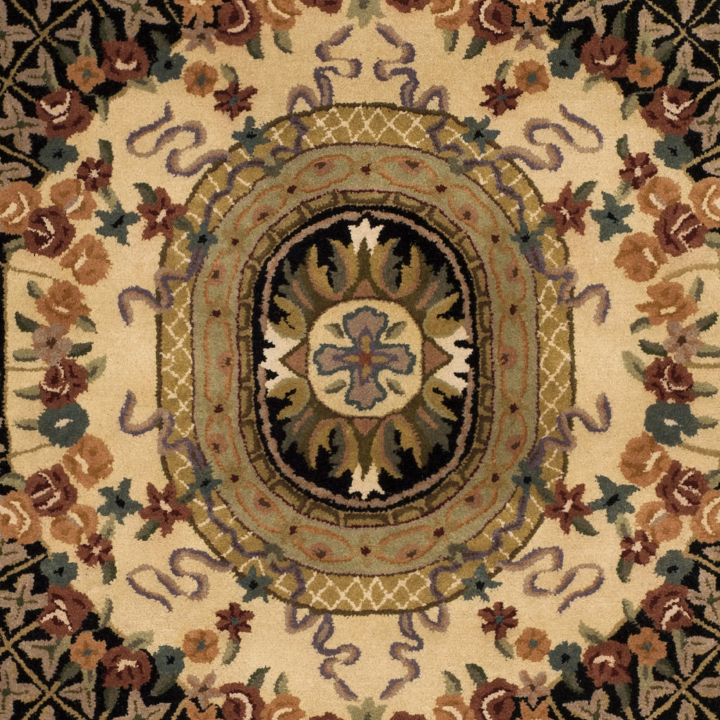 Floral Bordered Wool Area Rug, Black/Gold, 7'6" x 9'6" Y907
