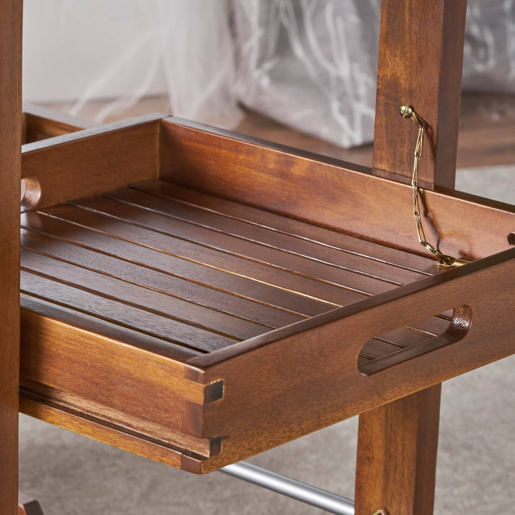 Farmhouse Cottage Acacia Wood Bar Cart with Drop Leaf X138