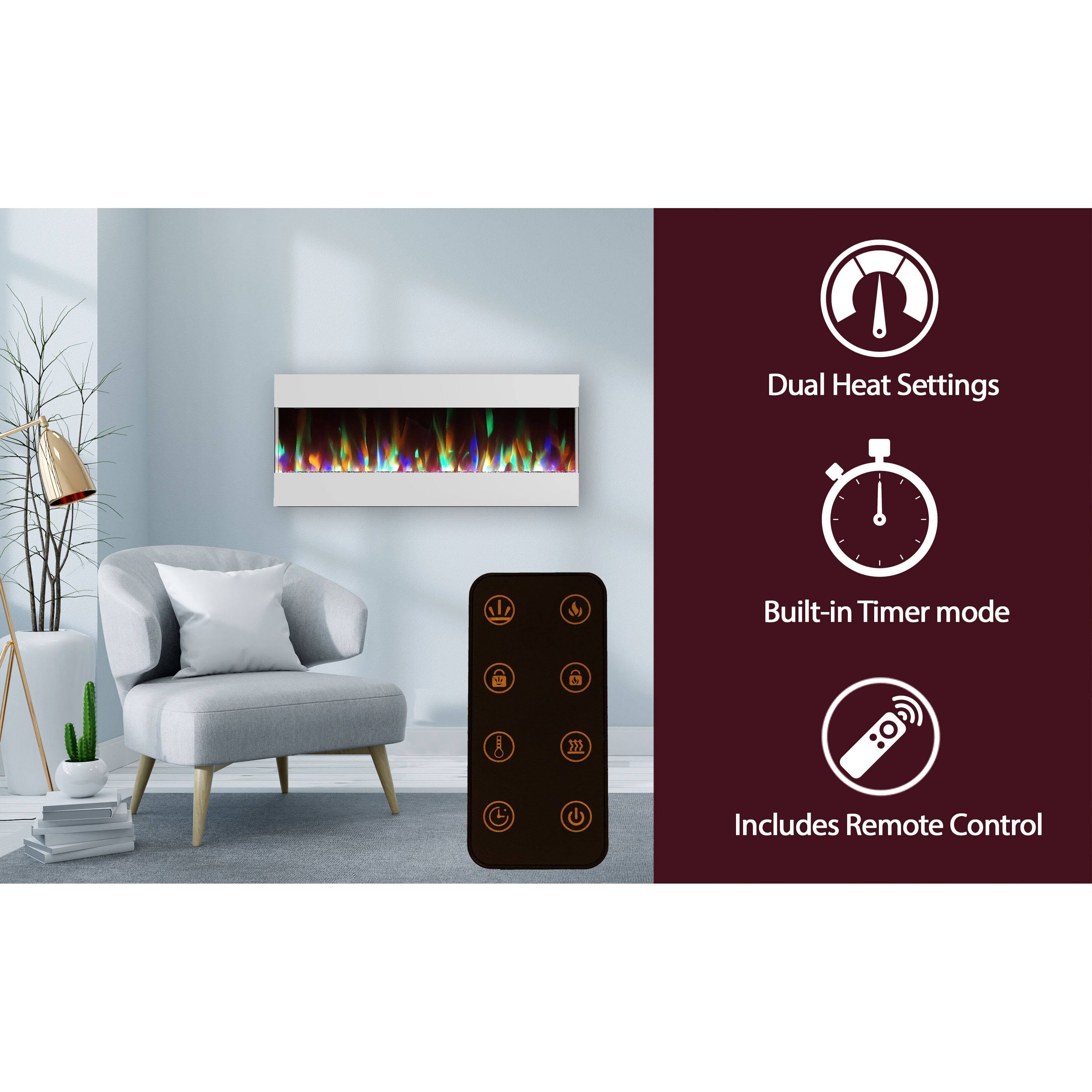 White Recessed Wall Mounted Electric Fireplace with Crystal and LED Display E30176