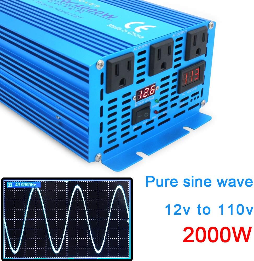 2000W Pure Sine Wave Power Inverter 12V DC to 110V AC with LED Display 3 AC Outlets Y13000