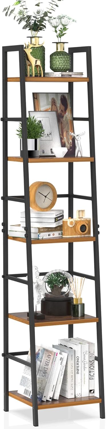 5-Tier Rustic Wood and Metal Ladder Shelf Bookcase Z62921