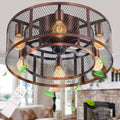 42'' Industrial Black Caged Flush Mount Ceiling Fan with Lights Remote Control N428