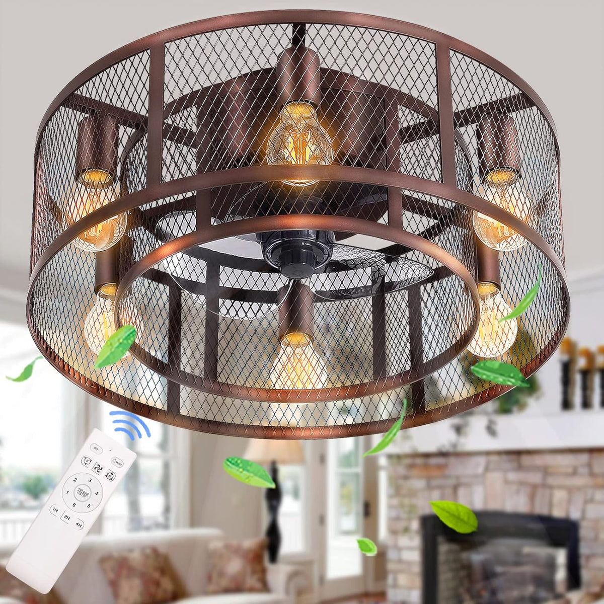 42'' Industrial Black Caged Flush Mount Ceiling Fan with Lights Remote Control N428