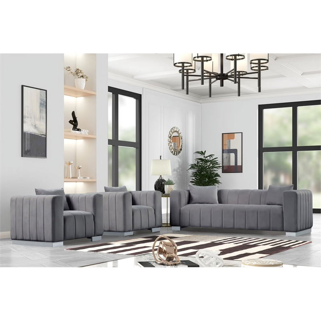Gray Velvet Fabric Sofa and 2 Armchairs Set Q2690