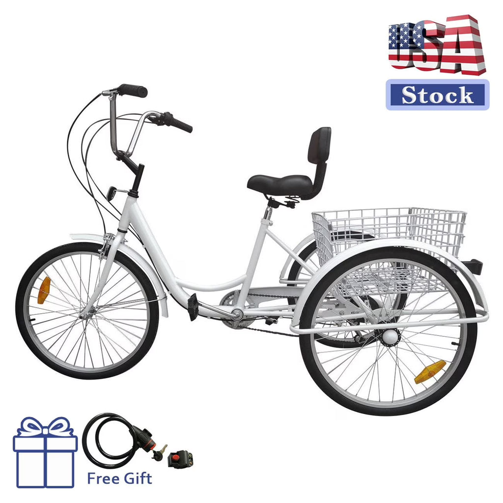 White 24" 3-Wheel Adult Tricycle Bike with Basket Y14376