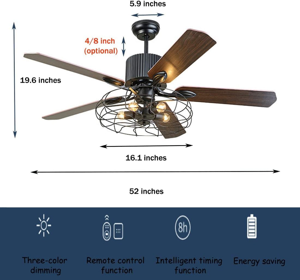 Black Industrial Ceiling Fan with Light and Remote, 5 Wood Blades, 5-Lights E26 B75632