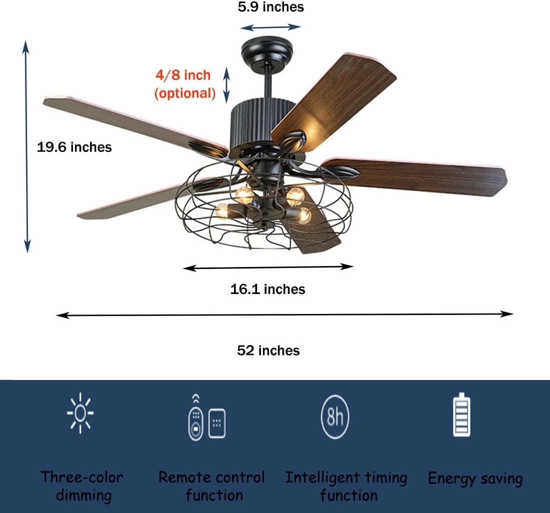 Black Industrial Ceiling Fan with Light and Remote, 5 Wood Blades, 5-Lights E26 B75632