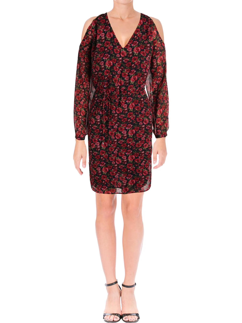 Red Floral Cold Shoulder Sheer Sheath Dress Z412