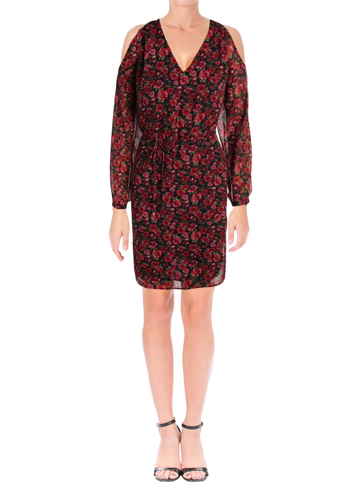 Red Floral Cold Shoulder Sheer Sheath Dress Z412