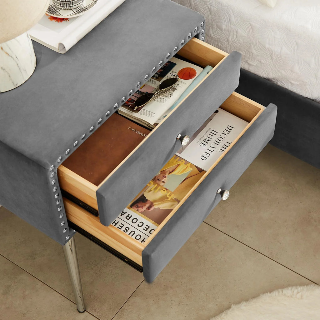 Gray Velvet Nightstand with 2 Drawers and Metal Legs V55780