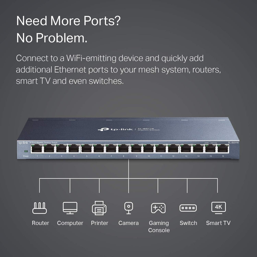 16 Port Gigabit Ethernet Network Switch, Fanless Metal, Pack of 2 A213963