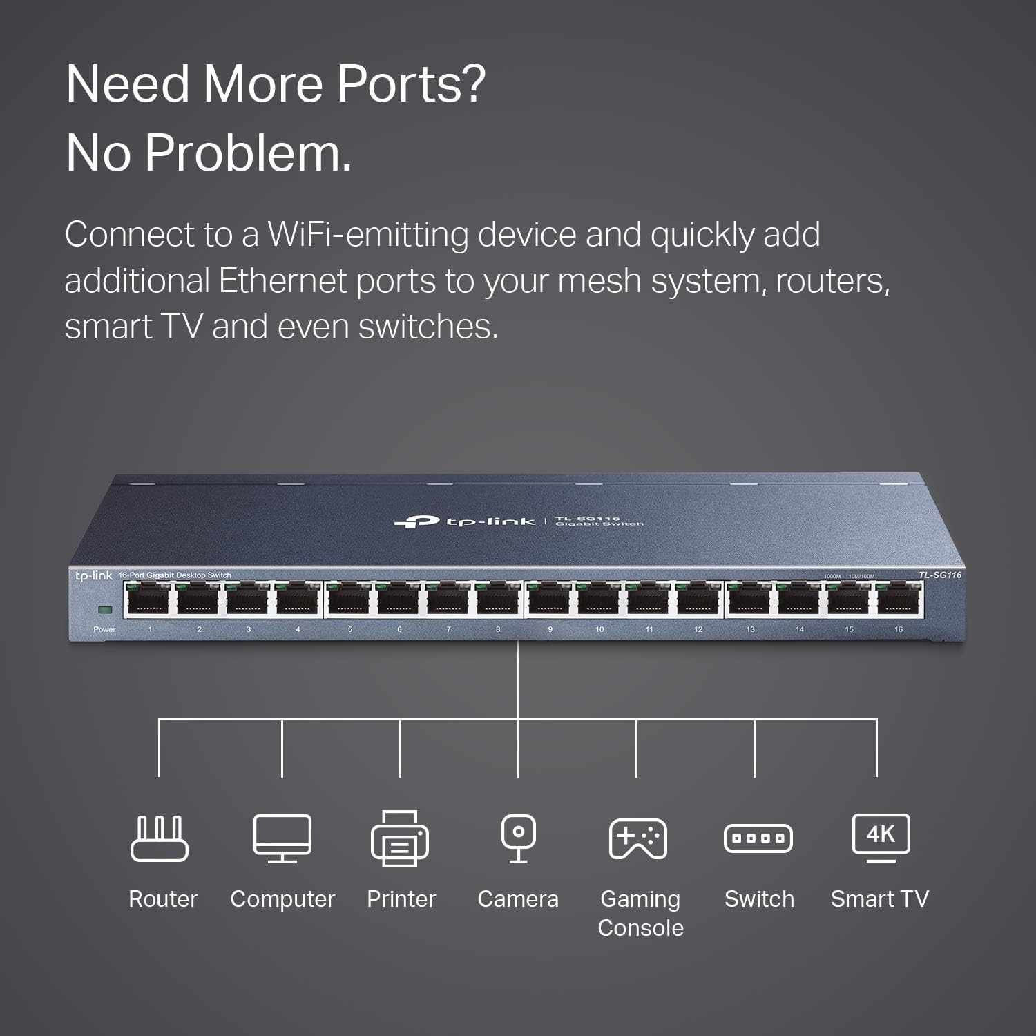 16 Port Gigabit Ethernet Network Switch, Fanless Metal, Pack of 2 A213963