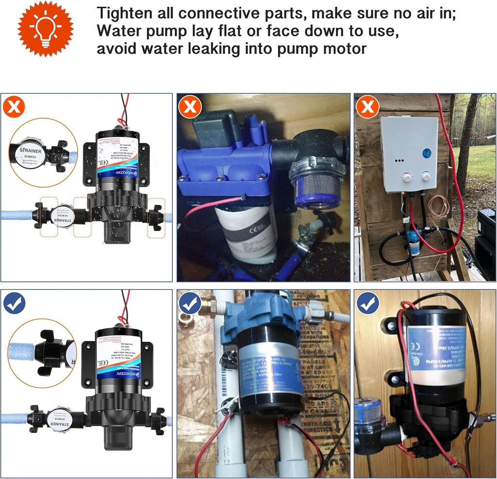 Diaphragm Water Pump 12V with Pressure Switch 3.5 GPM 45 PSI Self Priming RV DC Washdown Pump with Fittings Strainer Filter F724