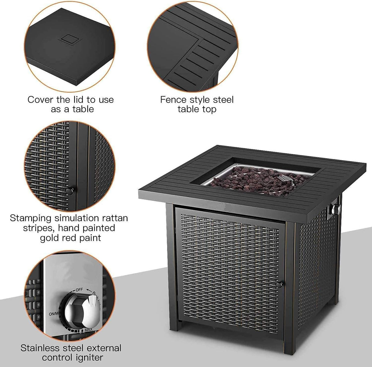 28 Inch 50,000 BTU Propane Gas Fire Pit Table with Lid J4226
