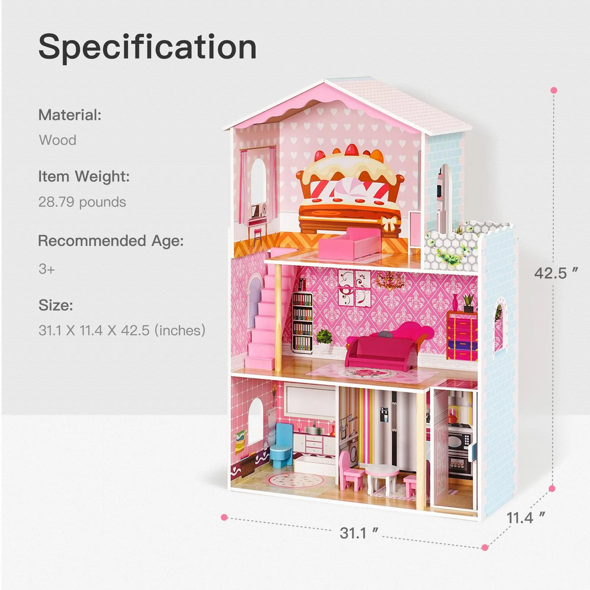 Dollhouse Kit with Accessories and Furniture, 31.1'' x 11.4'' x 42.5'' Z856392