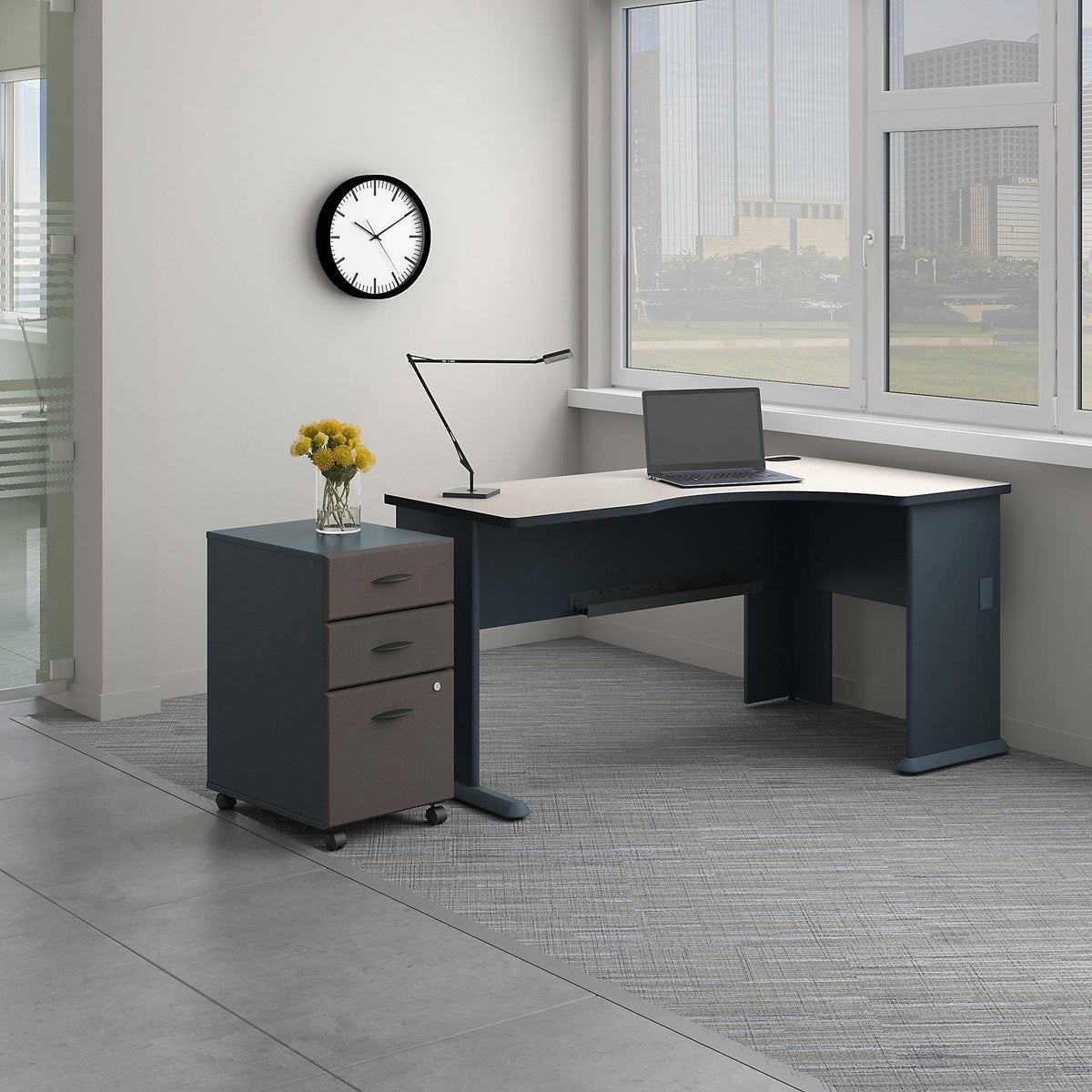 Right Corner Desk with Mobile File Cabinet Slate White Spectrum C5802