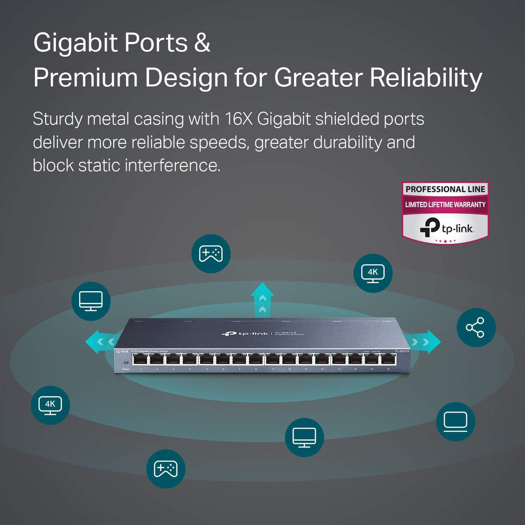 16 Port Gigabit Ethernet Network Switch, Fanless Metal, Pack of 2 A213963